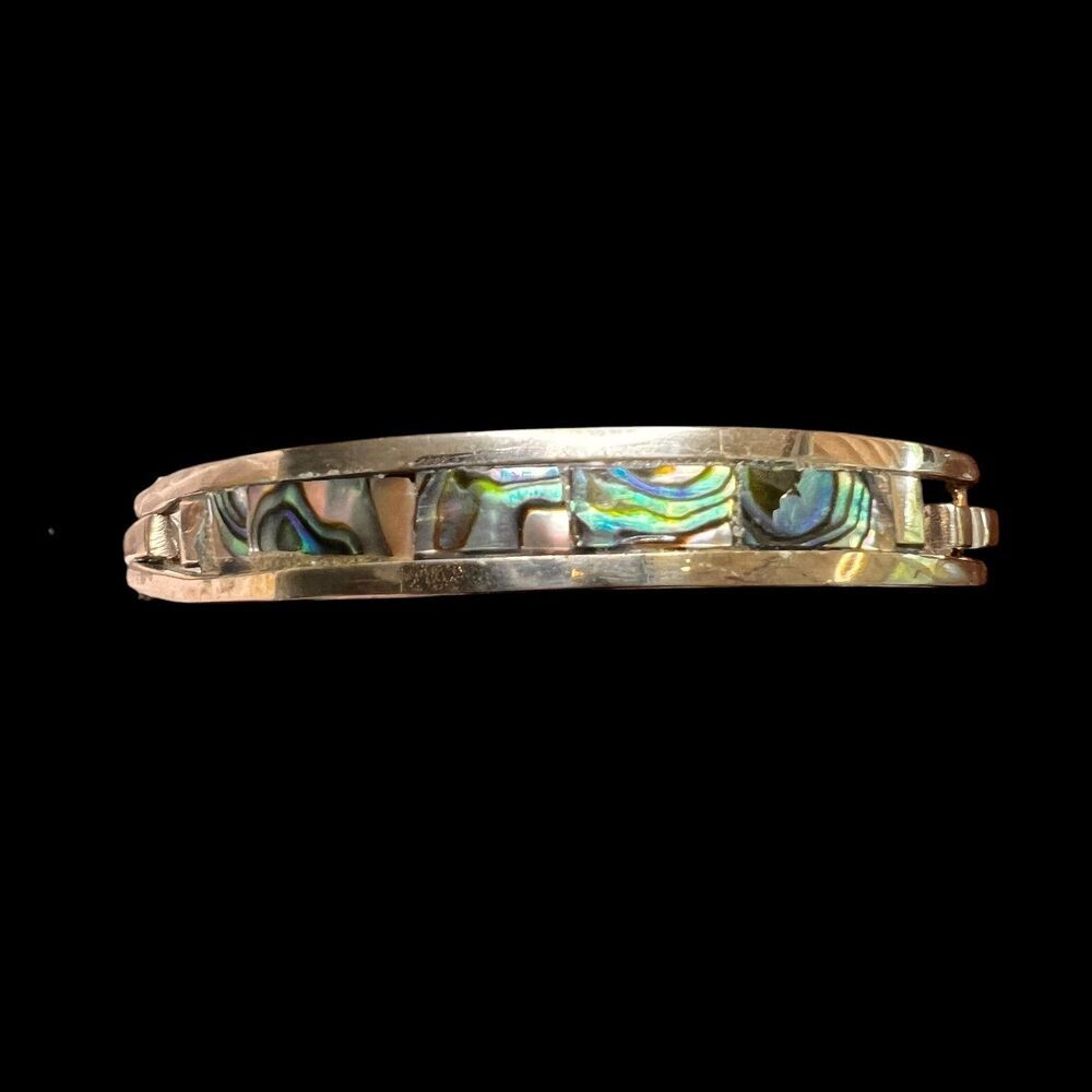 Vintage Alpaca Mexico Abalone Bangle Bracelet Silver Tone 7.75 in